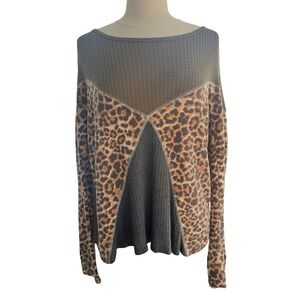 7th Ray Leopard Colorblock VNeck Long Sleeve Brown Top Med Y2K Boho Hippie Retro